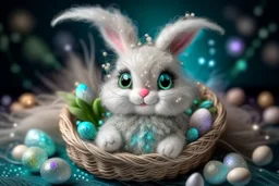 cute chibi plushy fluffy knitted and embroidered natural colored easter bunny in basket, feathers, easter eggs, iridescent flowers incorporated, light emitting, cracked bioluminescent holographic marble background, silver foil, sparkling diamonds, holographic raw pearls, ethereal, cinematic postprocessing