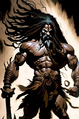 A towering and formidable figure emerged from Indian mythology displaying breathtaking bulges of rippling muscle his long flowing locks cascading like dark waterfalls down his broad back his fierce and menacing visage portraying a seething anger that seemed to smolder like embers within his soul wielding with effortless power a mighty and deadly axe his weapon of choice for rending enemies limb from limb, Fantasy art, Digital painting, Highly detailed, Sharp focus, Intricate, Dark lighting, Tren