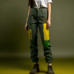 Women model catwalk wearing cargo jeans with patch jellow and green