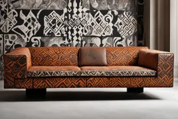 (designed for zombies and undeads by Mario Bellini, 1970) A bold geometric-patterned skinned sofa, tattooed and stained, serves as the throne for the undead king. Beside it, a low coffee table in ivory and bones, adorned with swirling patterns that seem to writhe and twist, a haunting echo of a forgotten era. The sleek bookshelves, now warped and crooked, hold macabre relics and ancient tomes that whisper of curses long forgotten. The fiery-colored floor lamps flicker and cast eerie shadows acr