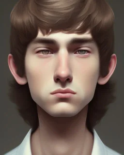  boy, cute, young, teen, brown hair, brown eyes, medium hair, bangs side part, head and shoulders portrait, head and shoulders portrait, 8k resolution concept art portrait by Greg Rutkowski,