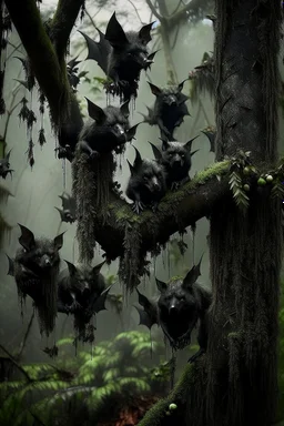 A group of black bats hanging upside down from a tree without leaves . The tree skin is covered in moss and lichen, allowing it to blend seamlessly into its surroundings. Forest Spirits feed on the energy of trees and can create thick fog to confuse their victims.