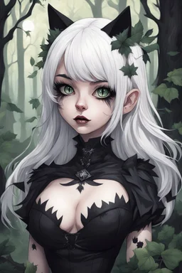 CAT GIRL, goth, forest, nature, cartoon, leaves, boobs, portrait, colour image, white hair