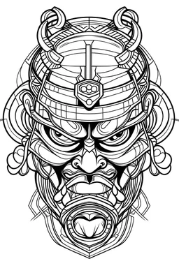 outline art for square samurai tiki mask coloring page for kids, classic manga style, anime style, realistic modern cartoon style, white background, sketch style, only use outline, clean line art, no shadows, clear and well outlined