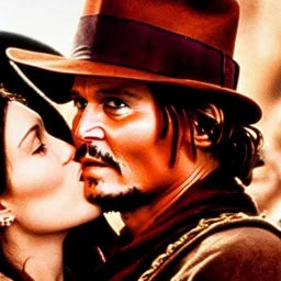 johnny depp as indiana jones kissing a girl, in ancient rome, near the colosseum