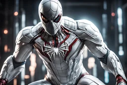 Spider man in a mega cool white iron super suit with on his arms and shoulders, hdr, (intricate details, hyperdetailed:1.16), piercing look, cinematic, intense, cinematic composition, cinematic lighting, color grading, focused, (dark background:1.1)