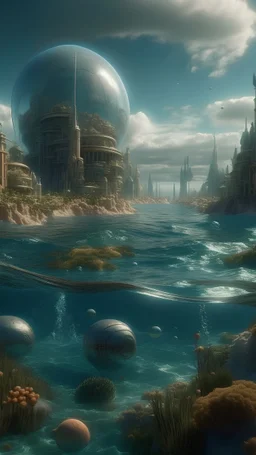 The earth 2000 years ago, clean city, Clean sea water. Surreal, wonderful craftsmanship, depth of field, sharp focus, unique art, 8k, mysterious