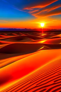 A desert with sand dunes and a sunset