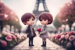 cute chibi mahogany haired girl with a short, silver haired boy, Eiffel tower, heart and love, flowers in Paris, ethereal, cinematic postprocessing, bokeh, dof