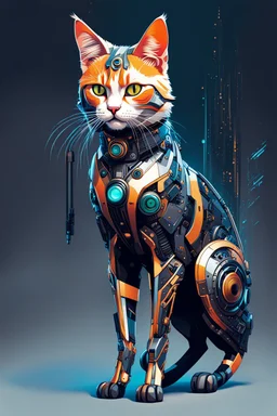 Ilustración lineal arte conceptual de un gato Calicó cyberpunk elegante, full body, hiperdetallada, increíble obra de arte, colores complementarios, maximalista