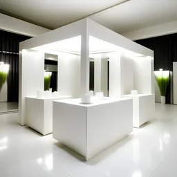 Design a booth to display wedding dresses at an exhibition. square shape Inside it is a fitting room and a reception table In a simple, modern style, open from all sides ,White color