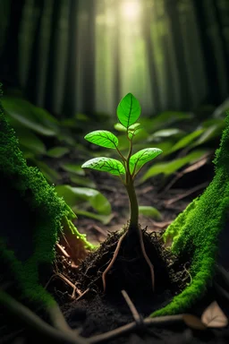 Show me a picture of a green sprout that has just started to grow in a forrest