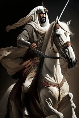 An Arab warrior gripping a sword tightly and mounted on a proudly raised horse.