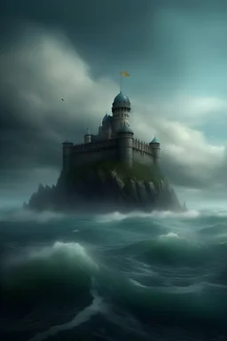 scifi castle floating over a stormy sea, pennington