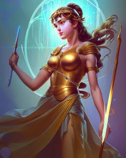 Portrait of young God Athena holding a Strong Magic Powerful Staff by Alex Ross, Disney, CGSociety, Carne Griffiths, Leonardo DaVinci, James Christensen character design, digital illustration, detailed sky background, Norman Rockwell, 32k resolution, Lou Xaz, cinema 4d