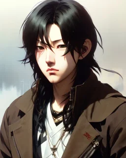 Detailed sad male anime boy with long brown hair, intricate details, full body portrait, keep head in frame, slight, black Japanese motif, concept art, highly detailed, digital painting, concept art, sharp focus, illustration, art by Yoji Shinkawa, WLOP and greg rutkowski and alphonse mucha and artgerm and yanjun Chen and Junji ito and Makoto Shinkai, HDR, octane render