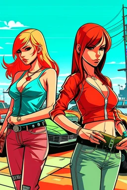 gta tarzı 2 kız 2D arkaplan biraz daha detaylı gta tarzı gta 6 tarzı daha detaylı ve renkli 2 kız gta 6 tarzı