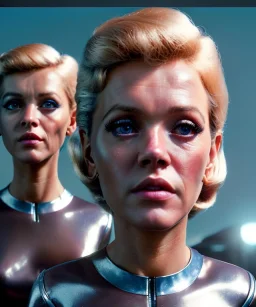 Ultra Realistic retro sci-fi movie scene, 1960 year, waist up view portrait, 3 clones blonde women, sweet young Jane Fonda face, perfect iris, glow eyes, face makeup, tight latex coat. Supermarket place with people background, Retro sci-fi style, soft color, highly detailed, unreal engine 5, ray tracing, RTX, lumen lighting, ultra detail, volumetric lighting, 3d, finely drawn, high definition, high resolution.