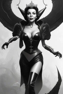 Joan Collins as evil queen in black leather, leather, busty, cleavage, angry, stern look. character design by cory loftis, fenghua zhong, ryohei hase, ismail inceoglu and ruan jia. unreal engine 5, artistic lighting, highly detailed, photorealistic, fantasy