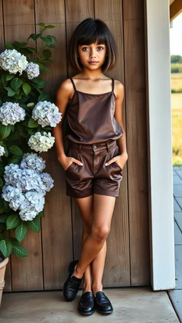 Fashion editorial shot, full-body. A stunning child model with a mature, realistic expression, flawless natural makeup, and a sleek bob haircut. High-fashion outfit: a silk camisole, designer high-waisted shorts, and stylish loafers. Posing confidently against the wooden wall of a modern farmhouse, with hydrangea bushes and a field in the background. Clean, sharp photography, Vogue magazine style, dramatic natural light.
