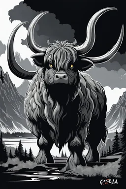 Godzilla x highland cow hybrid creature