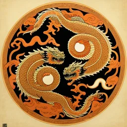 Ukiyo-e styled art, yin and yang sign,dragons