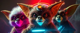 volume fog light, hyper real close up on fluffy faces of rock alien cricket coyote priest gremlin fashion general with hi tech transcendent lazer plasma blaster arsenal from hell, guarding bridge up to space saucer neon plastic transparent, movie poster
