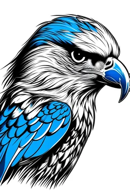 A falcon bird head, blue and white feathers, black outline, graffiti style, simple, minimalist