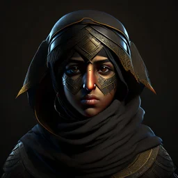 Arab warrior girl, rounded, 3D, 8k, black background