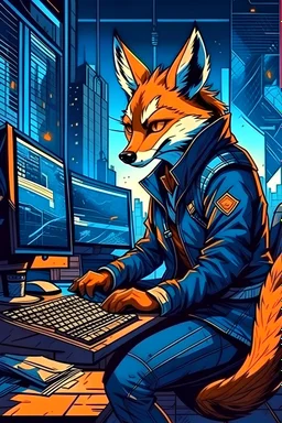 cartoon fox hacker using a server computer in cyberpunk scenario without glasses in the top of building