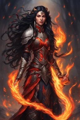 a powerful and enigmatic female Paladin Druid who embodies the essence of fire. Her long, bright black hair is adorned with intricate braids, and it blazes with flames, symbolizing her deep connection to the element. The flames dance and flicker, casting an otherworldly glow around her. Her eyes, a noticeable shade of red reminiscent of burning embers, reflect the intensity of her inner fire. In her hands, she wields the power of fire, conjuring flames at will to both protect and conquer. The h