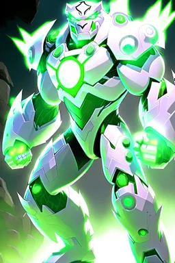 A new space creature from Ben 10 cartoon. Strong and graceful. From the White Tiger faction. Advanced hybrid metal golem. And the diamonds. He has a glowing green tattoo in the shape of old magic words