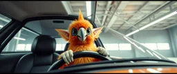 car driving happy 2d fluffy elf parrot ninja in the style of Escher and Giger and Fallout 4, pinhole cam, airbrush 3d rendering, on tv screen:A five-second cinematic single take in a clean industrial presentation hall.