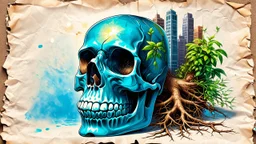 old worn paper, plain contrast background, crystal transparent Skull with city and plants inside, roots, backlight inside, 8K, high detail, hyperrealism, high resolution, bright colors, ART illustration