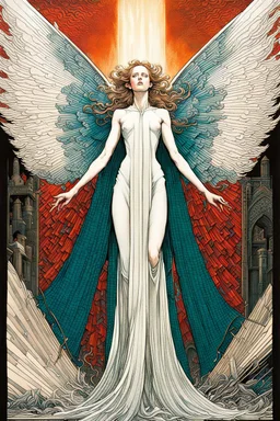 create a deeply horrific, ethereal, darkly magical illustration of an epic destroying angel with highly detailed and deeply cut facial features, large outstretched wings, body covered in feathers, in the style of EDWARD BURNE-JONES, WILLIAM MORRIS, and KATHE KOLLWITZ combined with the comic art style of BILL SIENKIEWICZ and JEAN GIRAUD MOEBIUS, searing lines and forceful strokes, precisely drawn, inked, and darkly colored