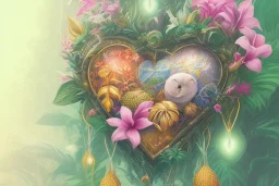 Tropical flowers, realistic heart drawing, crystals, tropical leaves, sacred altar, Fantasy home, cute animal.