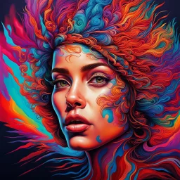 a painting of a woman's face with a colorful background, an ultrafine detailed painting by ESAO, behance contest winner, psychedelic art, airbrush art, detailed painting, behance hd