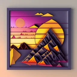Geometrical mountain scene with sunset and bird's