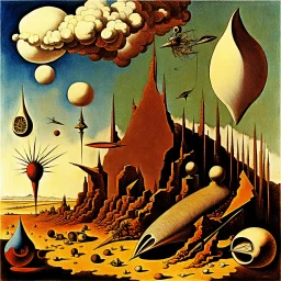 Strange objects of various shapes, scattered over a place, clouds, Max Ernst, Audubon, Amano, Walton Ford, Yves Tanguy