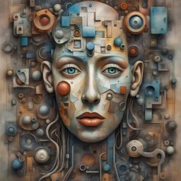 Picasso and Peter Gric masterpiece illustration of a front complex biomechanical woman face colored face mixed to toys pieces (detailed eyes, nose, mouth , neck), made of various colored supplies objects all around and inside head, abstract background, centered composition, HDR, UHD, all in focus, no grain, concept art
