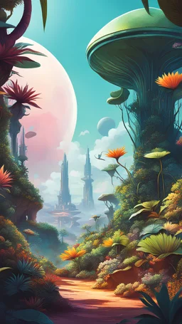 Illustrate an otherworldly botanist exploring a vibrant alien landscape filled with unique flora. Emphasize intricate details in the exotic plants and the character's advanced, futuristic equipment