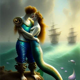 A beautiful portrait of a two mermaid couple kissing , leaning on a ships deck ,Rough sea in the background, a shark,snails, seashells (digitall art by Eugene de Blaas and Ross Tran, vibrant color scheme, highly detailed, in the style of romanticism, cinematic, artstation best quality, realistic lighting, masterpiece portrait, details light dusting , cowboy shot from above, simple chain hauberk Vector art digital illustration 3D shading )