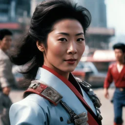[vintage style noisy scratches glitches, Shot the texture and then rewound the film and double exposed the face] Michelle Yeoh kung-fu fight in the streets of the Adventures of Buckaroo Banzai Across the 8th Dimension