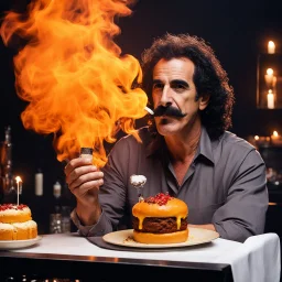 Frank Zappa participate au meilleur pâtissier 2020, his cigarette in the mouth and a bottle of rhum for his dessert un épais flaming baba au rhum in fire
