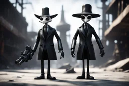 spy vs spy in the style of Fallout 4 and Giger , bokeh like f/0.8, tilt-shift lens 8k, high detail, smooth render, down-light, unreal engine, prize winning