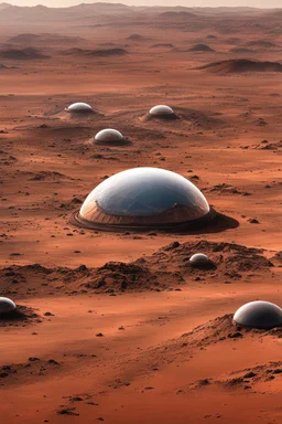 Many domes made of glass, half buried on the surface of Mars