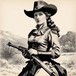(high res photo in the style of Orion, by Masamune Shirow) Annie Oakley (1860-1926) was an American West performer and sharpshooter who became a symbol of the late nineteenth and early twentieth centuries. She was born in Ohio and started shooting at a young age, relying on her skills to support her family after her father died. Oakley rose to notoriety as a markswoman, winning a number of shooting competitions and starring in shows such as Buffalo Bill’s Wild West. She was known for her accurac