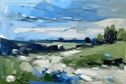 Minimalist English landscape in shades of blue and white impasto oil strokes in the style of frank Auerbach