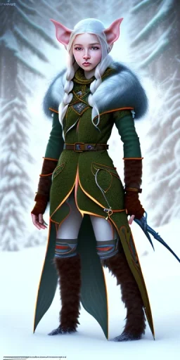 Cute and adorable femal elven adventurer with ultradetailed SMALL elven ears dressed in a warm overcoat with survival gear, with adorable symmetric face and boots, in style of Cedric Peyravernay Art, anthropomorphic --ar 2:3 --beta --upbeta --upbeta