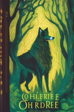 book cover, In the heart of a dense and enigmatic forest with towering ancient trees cloaked in emerald, yellow and amber foliage stood a witch possessing an ethereal allure her lustrous hair cascading in ebony waves down to her slender waist In the background a majestic canine of Belgian shepherd lineage roamed its eyes illuminated by an otherworldly crimson